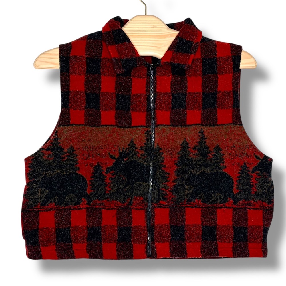 Vtg Black Mountain Red Buffalo Plaid Moose Bear Forest Scene Vest 2X USA Made‎